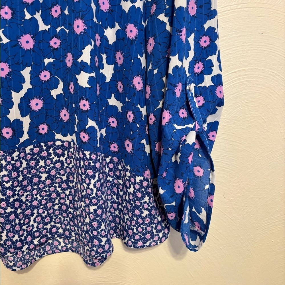 Elle Blue Floral Boho Blouse XL Tie Neck Long Sleeve - Picture 8 of 9